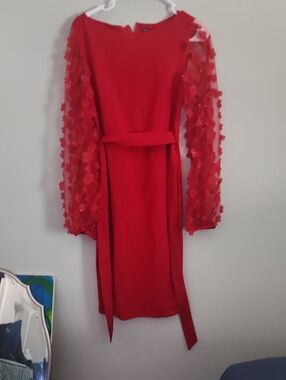 SHEIN Red Long Sleeve Dress with Floral Sequin Sleeves